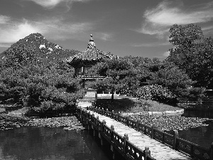 water, mountains, asiatic, bridges, Garden