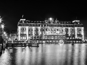 water, reflection, Amsterdam, Night, Hotel hall