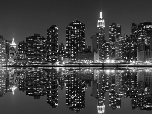 Night, panorama, water, reflection, light, town