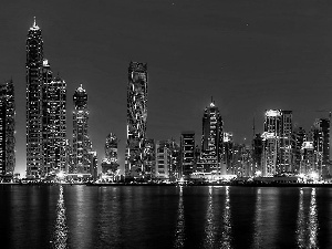 skyscrapers, Night, water, lighting