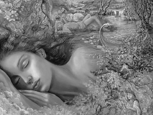 Flowers, girl, viewes, water, the sleeping, trees, Josephine Wall