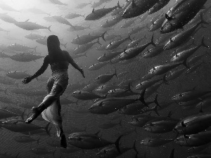 Women, fish, water, dress