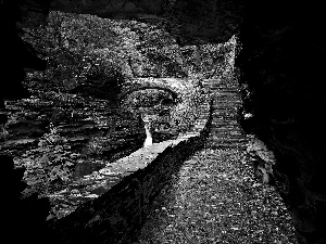 cave, bridge, waterfall, rocks