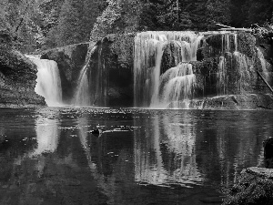 waterfall, forest, rocks