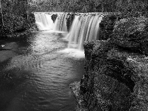 rocks, viewes, waterfall, trees