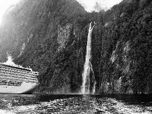 Ship, Mountains, waterfall, passenger