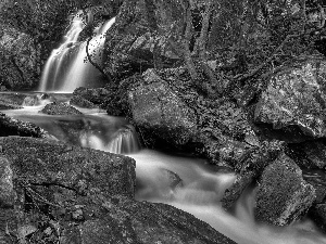 waterfall, River, Stones