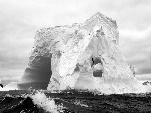 Waves, birds, Ice, sea, mountains