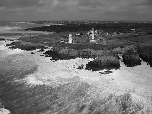 Coast, Lighthouse, Waves, horizon, rocks, maritime