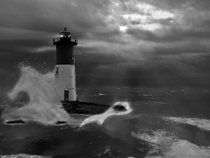 maritime, Lighthouse, Waves, clouds, flash, luminosity, ligh, sun, Przebijające