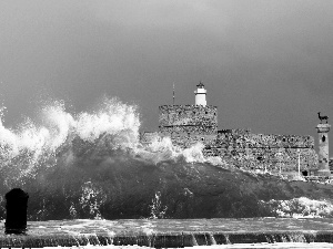 Lighthouse, sea, Waves, maritime