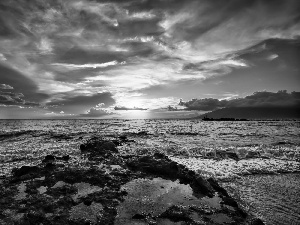 rocks, clouds, Waves, sea