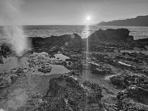 rays, east, Waves, Stones, sea, sun