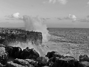 Waves, vessels, rocks, high, Coast