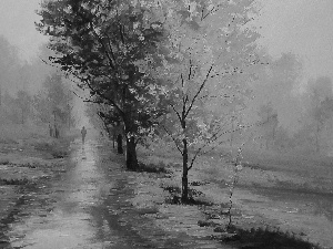 viewes, autumn, Way, Fog, Leaf, trees