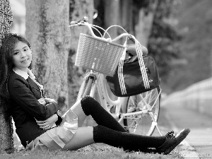 Way, smiling, viewes, Bike, trees, Japanese girl