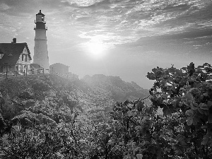 maritime, west, rose, sun, Wild, Lighthouse, house, Hill