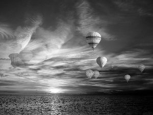 west, sun, sea, clouds, Balloons