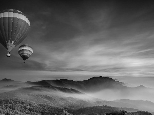 west, sun, Mountains, Sky, Balloons