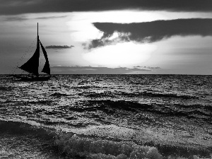 west, sun, sea, Waves, Boat