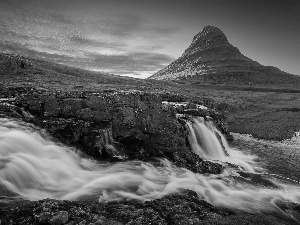 mountains, cascade, sun, iceland, west, water