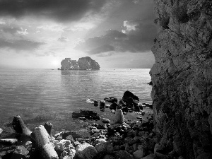 Stones, Coast, west, sun, Cliffs, sea