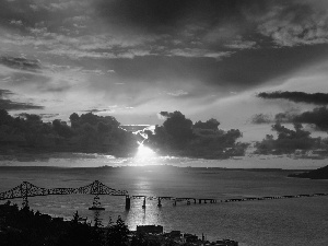 sea, bridge, west, sun, clouds, Island