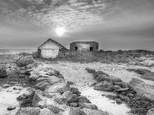 Stones, Coast, west, sun, clouds, Sheds