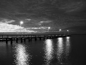 lanterns, lake, west, sun, clouds, Platform