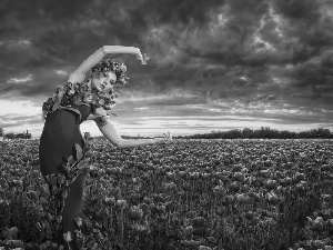 tulips, model, west, sun, clouds, Field