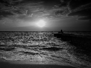 angler, sea, west, sun, clouds, pier