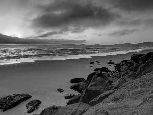 west, sun, Beaches, rocks, Coast