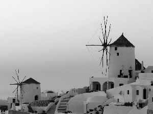 santorini, Windmills, west, sun, Greece, Houses