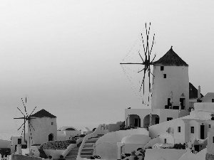 santorini, Windmills, west, sun, Greece, Houses