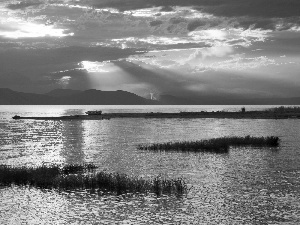 west, sun, Mountains, Lodz, lake