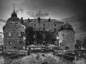 Moat, Castle, west, sun, lanterns, bridge