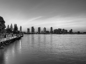 west, sun, skyscrapers, Town, promenade