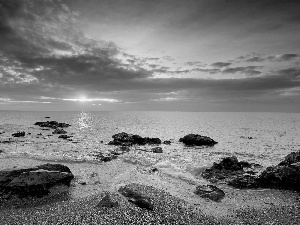 west, sun, rocks, clouds, sea