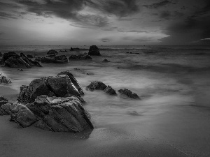 west, sun, rocks, clouds, sea