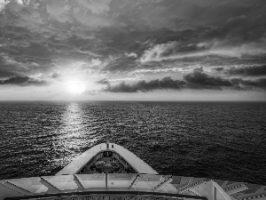 west, sun, Ship, clouds, sea