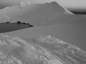 lake, mountains, west, sun, sea, Ice