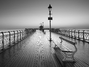 bench, pier, west, sun, sea, lanterns
