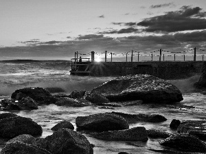 coast, sea, west, sun, Stones, pier