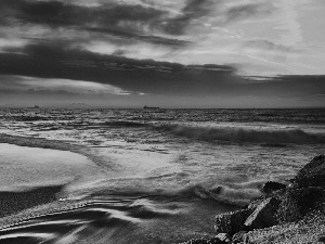 rocks, sea, west, sun, vessels, Waves