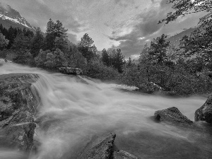 west, sun, rocks, Mountains, waterfall