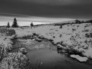 viewes, Mountains, sun, trees, brook, west, winter