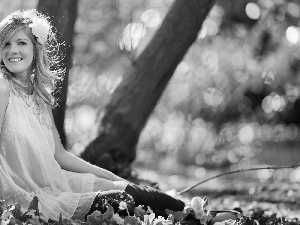 trees, Women, White, Dress, Flowers, Smile