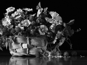 basket, daisies, Strawberries, wicker