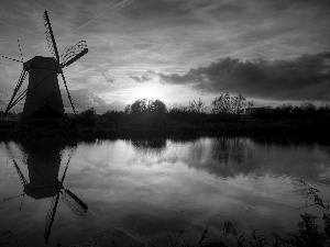 west, lake, Windmill, sun