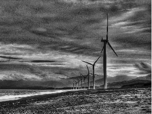 clouds, sea, Windmills, Mountains